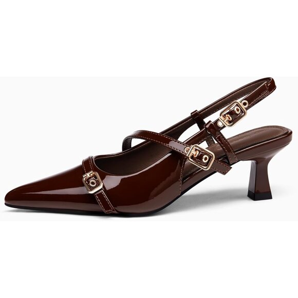 Women's Brown Slingback Kitten Heels Low Heel Closed Pointed Toe Pumps Buckle - Picture 2 of 4